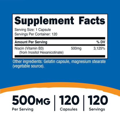 Nutricost Niacin (Flush-Free) Inositol Hexanicotinat 500 mg, 120 Kapseln, Vitamin B3
