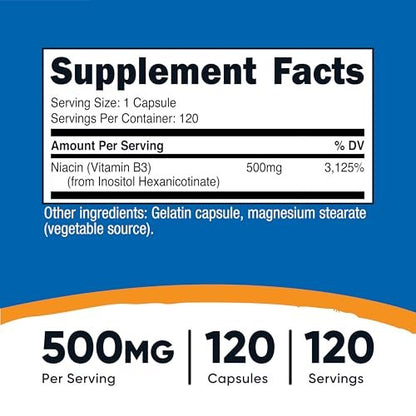 Nutricost Niacin (Flush-Free) Inositol Hexanicotinat 500 mg, 120 Kapseln, Vitamin B3