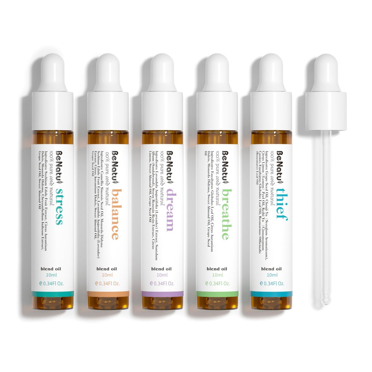 Benatu Ätherische Öle Set – 5er Pack Entspannungsdüfte für Aromatherapie, Diffuser, Massage & Körperpflege (Dream, Breathe, Balance, Stress, Thief)