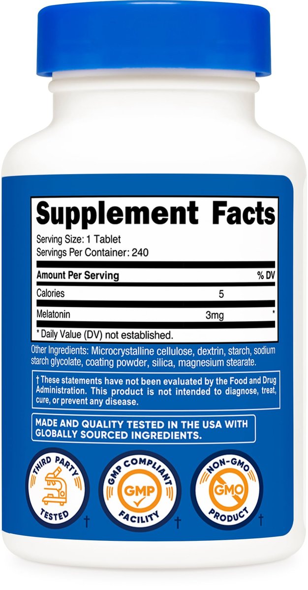 Nutricost Melatonin 3 mg, 240 Tabletten – 3 mg pro Portion, Non-GMO, Glutenfrei