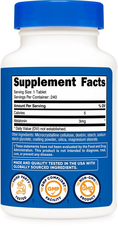 Nutricost Melatonin 3 mg, 240 Tabletten – 3 mg pro Portion, Non-GMO, Glutenfrei