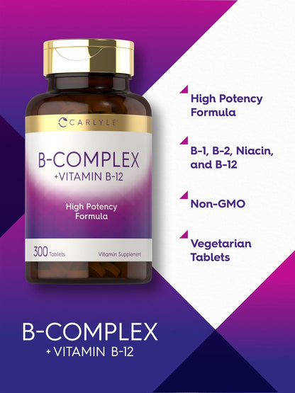 Carlyle B-Komplex Vitamin mit B12 | 300 Tabletten | Hochdosierte Formel | Vegetarisches & Nicht-GVO Nahrungsergänzungsmittel