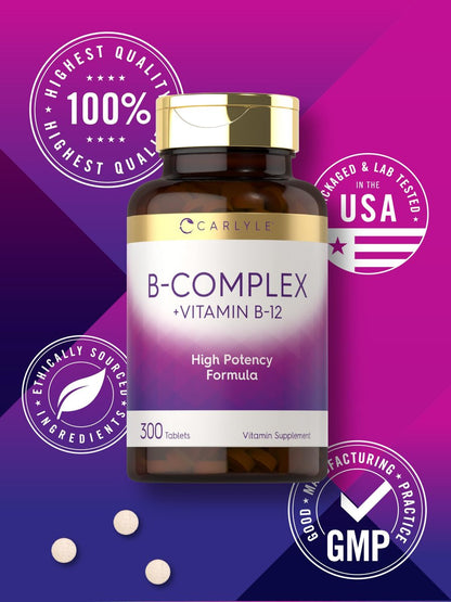 Carlyle B-Komplex Vitamin mit B12 | 300 Tabletten | Hochdosierte Formel | Vegetarisches & Nicht-GVO Nahrungsergänzungsmittel