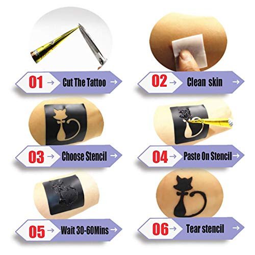Temporäre Tattoos Set, 4 Stück semipermanente Tattoo-Paste-Kegel, DIY Körperkunst für Frauen, Männer, Jugendliche, mit 3 Farben, 20 Klebe-Schablonen, 1 Flasche, 4 Düsen