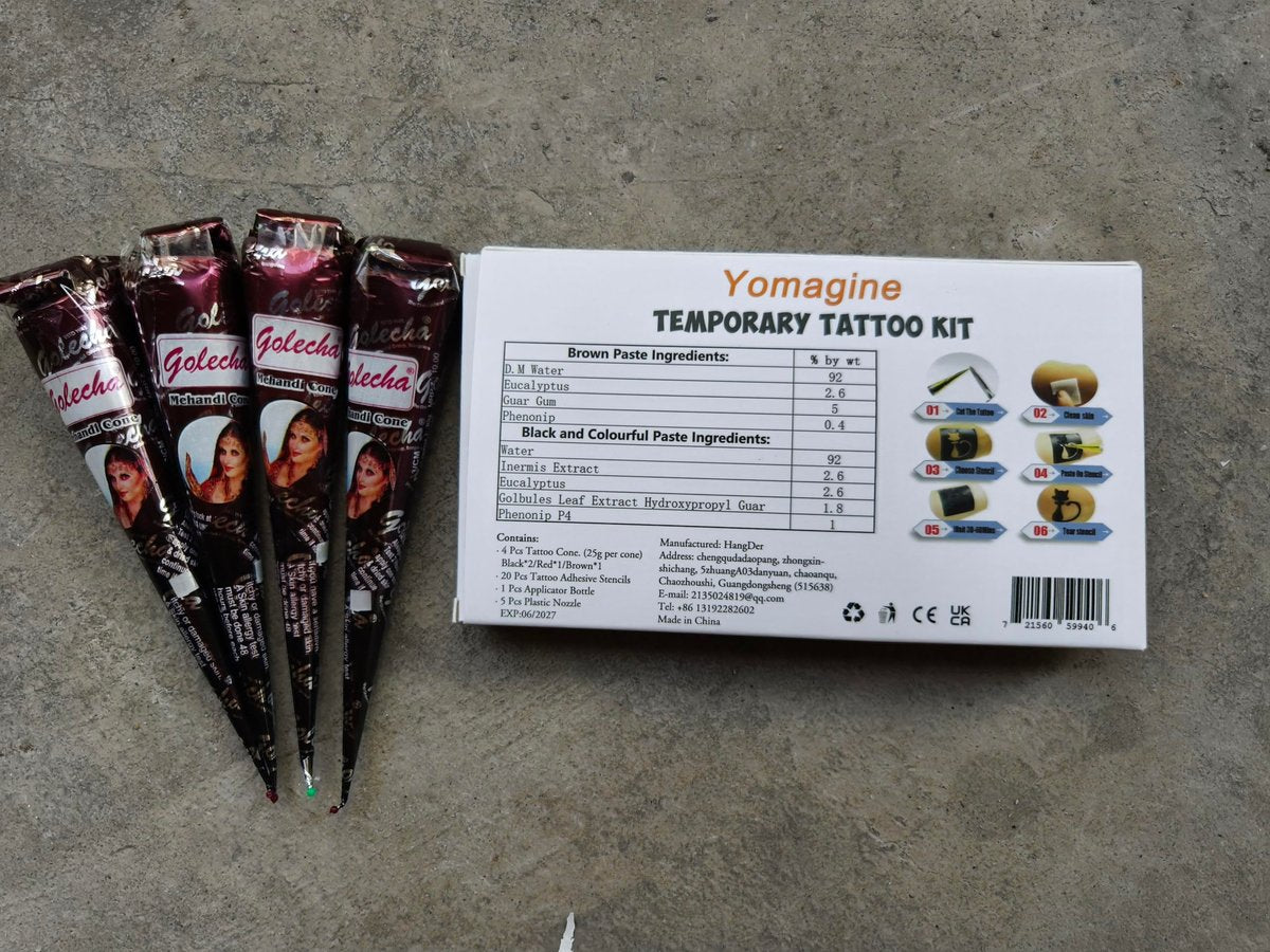 Temporäre Tattoos Set, 4 Stück semipermanente Tattoo-Paste-Kegel, DIY Körperkunst für Frauen, Männer, Jugendliche, mit 3 Farben, 20 Klebe-Schablonen, 1 Flasche, 4 Düsen