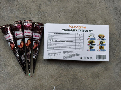 Temporäre Tattoos Set, 4 Stück semipermanente Tattoo-Paste-Kegel, DIY Körperkunst für Frauen, Männer, Jugendliche, mit 3 Farben, 20 Klebe-Schablonen, 1 Flasche, 4 Düsen