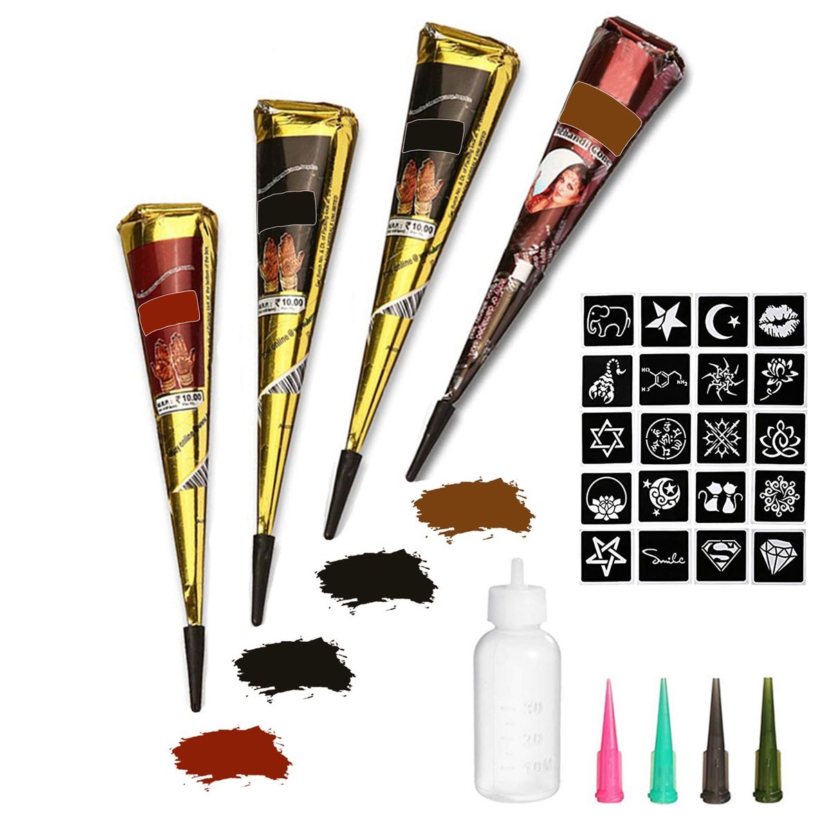 Temporäre Tattoos Set, 4 Stück semipermanente Tattoo-Paste-Kegel, DIY Körperkunst für Frauen, Männer, Jugendliche, mit 3 Farben, 20 Klebe-Schablonen, 1 Flasche, 4 Düsen
