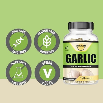 Happi Mi Nutrition Knoblauch Kapseln 2400mg – Aus Bio-Knoblauchzwiebeln, Kalifornien USA Anbau – Natürliches Immununterstützung Supplement, 40-Tage-Vorrat