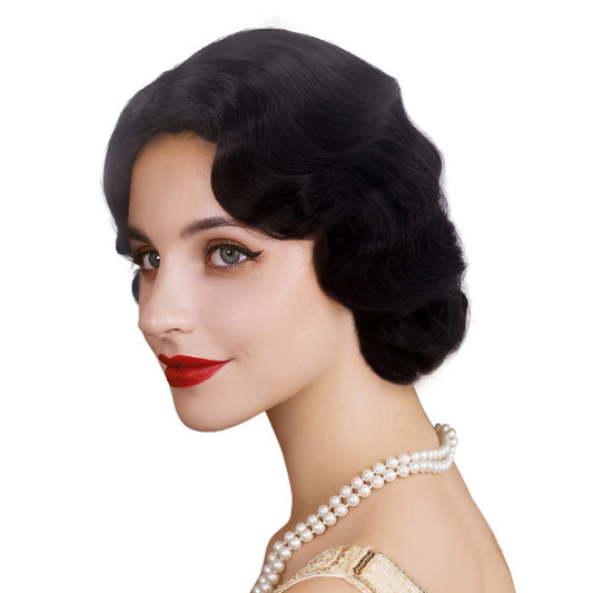 REEWES Lange 1920er Finger Wave Perücke – Lockige Kurzhaarperücke für Damen im Vintage-Stil – Hitzebeständige synthetische Vollperücke inklusive Perückenkappe (Schwarz)