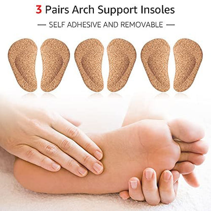 Dr. Foot's Fußgewölbe-Stützeinlagen für Plattfüße, Gel-Fußgewölbe-Einlagen bei Plantarfasziitis, selbstklebende Fußgewölbepolster zur Druckentlastung und Schmerzlinderung - 3 Paar (Kork, 3er-Pack)