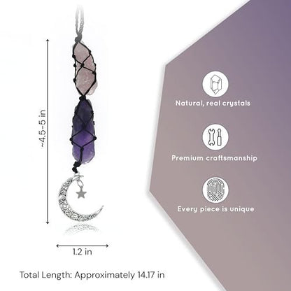 BOHO GARDEN Kristall-Autoanhänger - Lila Rückspiegel-Anhänger für Frauen, Mond-Dekor, Hexen-Geschenke, Heilsteine - Rosenquarz & Amethyst