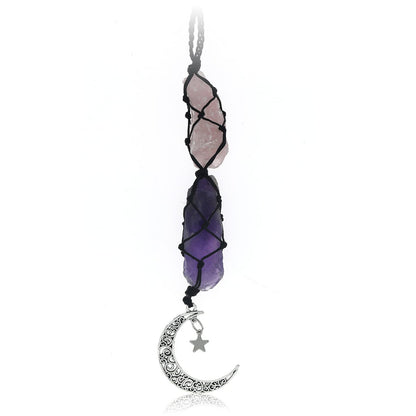 BOHO GARDEN Kristall-Autoanhänger - Lila Rückspiegel-Anhänger für Frauen, Mond-Dekor, Hexen-Geschenke, Heilsteine - Rosenquarz & Amethyst