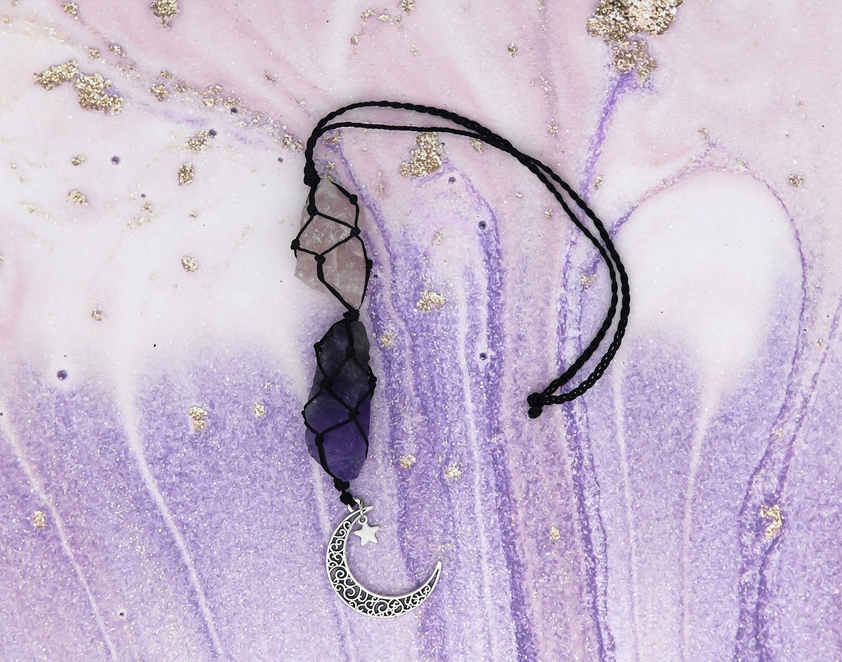BOHO GARDEN Kristall-Autoanhänger - Lila Rückspiegel-Anhänger für Frauen, Mond-Dekor, Hexen-Geschenke, Heilsteine - Rosenquarz & Amethyst