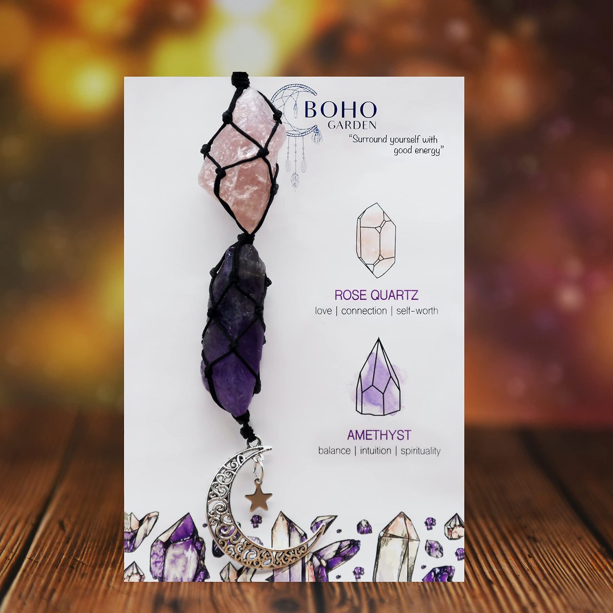 BOHO GARDEN Kristall-Autoanhänger - Lila Rückspiegel-Anhänger für Frauen, Mond-Dekor, Hexen-Geschenke, Heilsteine - Rosenquarz & Amethyst
