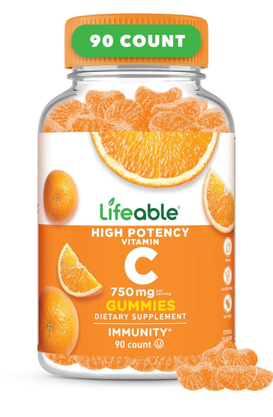 Lifeable Vitamin C Gummies für Erwachsene | 750 mg | Leckerer Orangen-Geschmack | Vegan & Non-GMO | Immununterstützung | 90 Gummis
