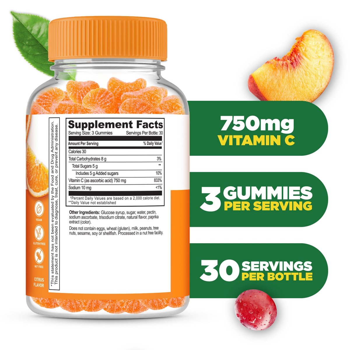 Lifeable Vitamin C Gummies für Erwachsene | 750 mg | Leckerer Orangen-Geschmack | Vegan & Non-GMO | Immununterstützung | 90 Gummis
