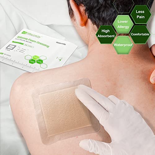 NeuHeils Silikonklebender Schaumstoffverband mit sanftem Rand 10x10 cm für Dekubitus und Beingeschwüre, 10 Stück, saugfähig, wasserdicht, silikonbeschichtete Wundauflage