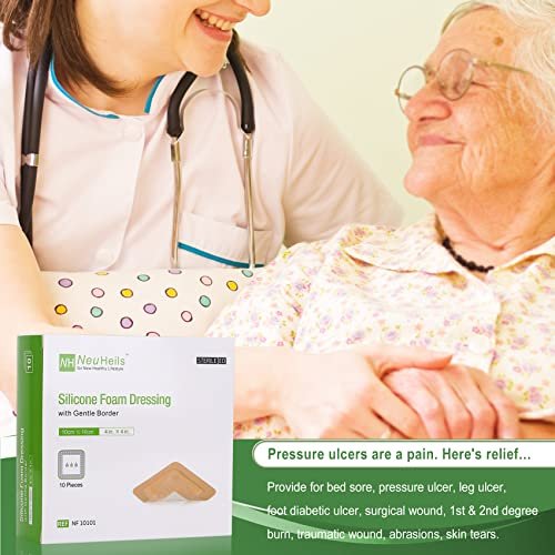 NeuHeils Silikonhaftender Schaumverband mit sanftem Rand 3''x3'' für Dekubitus, 10 Stück, saugfähiger wasserdichter Silikon-Wundverband für Fußdiabetische Ulzera
