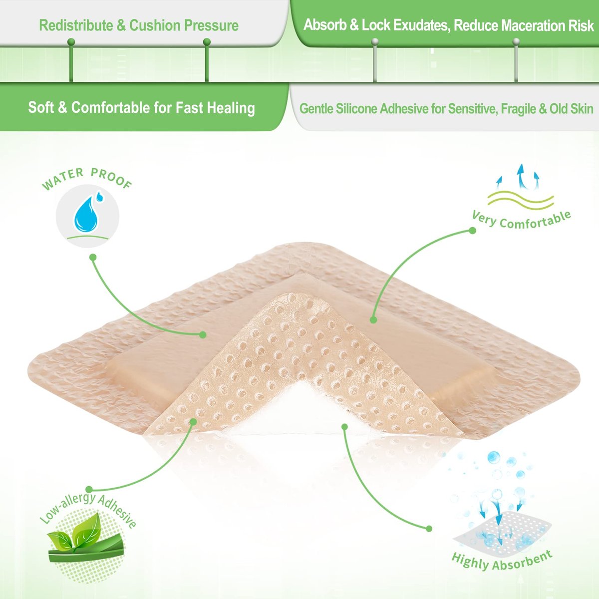 NeuHeils Silikonklebender Schaumstoffverband mit sanftem Rand 10x10 cm für Dekubitus und Beingeschwüre, 10 Stück, saugfähig, wasserdicht, silikonbeschichtete Wundauflage