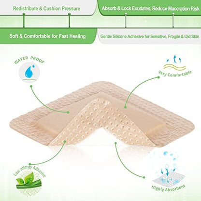 NeuHeils Silikonklebender Schaumstoffverband mit sanftem Rand 10x10 cm für Dekubitus und Beingeschwüre, 10 Stück, saugfähig, wasserdicht, silikonbeschichtete Wundauflage