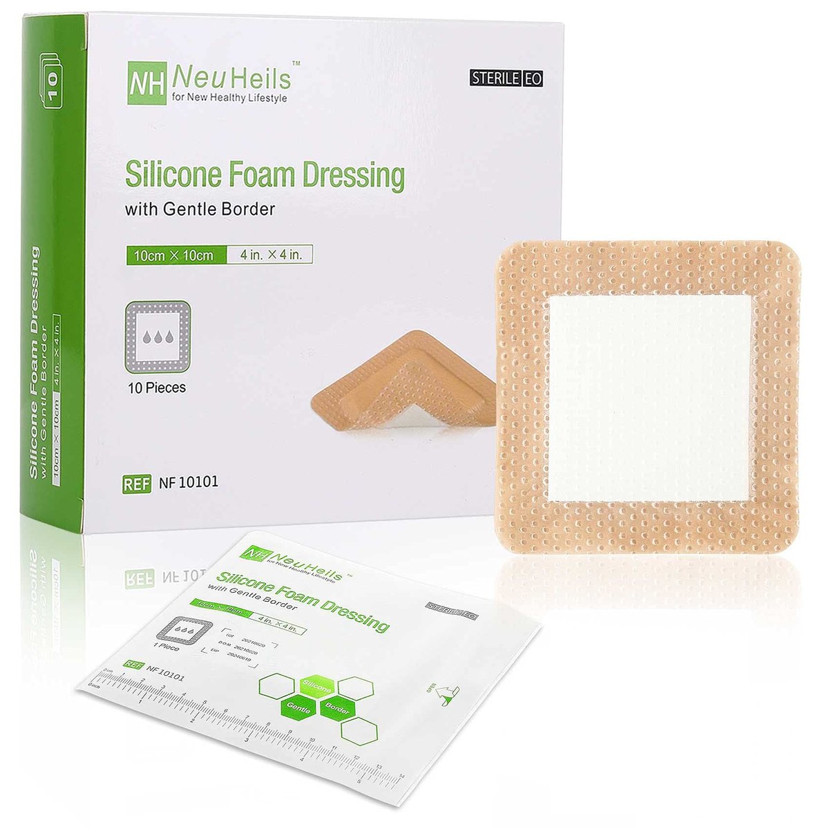 NeuHeils Silikonklebender Schaumstoffverband mit sanftem Rand 10x10 cm für Dekubitus und Beingeschwüre, 10 Stück, saugfähig, wasserdicht, silikonbeschichtete Wundauflage