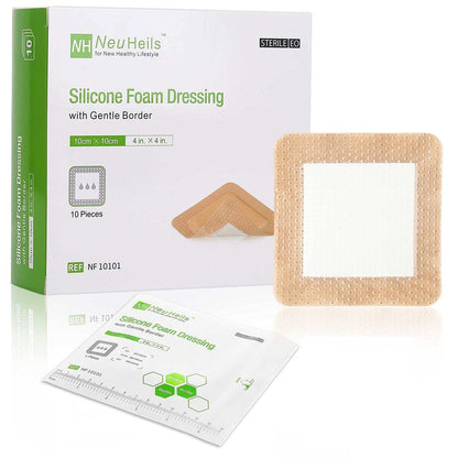 NeuHeils Silikonklebender Schaumstoffverband mit sanftem Rand 10x10 cm für Dekubitus und Beingeschwüre, 10 Stück, saugfähig, wasserdicht, silikonbeschichtete Wundauflage