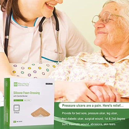 NeuHeils Silikonhaftender Schaumverband mit sanftem Rand 3''x3'' für Dekubitus, 10 Stück, saugfähiger wasserdichter Silikon-Wundverband für Fußdiabetische Ulzera