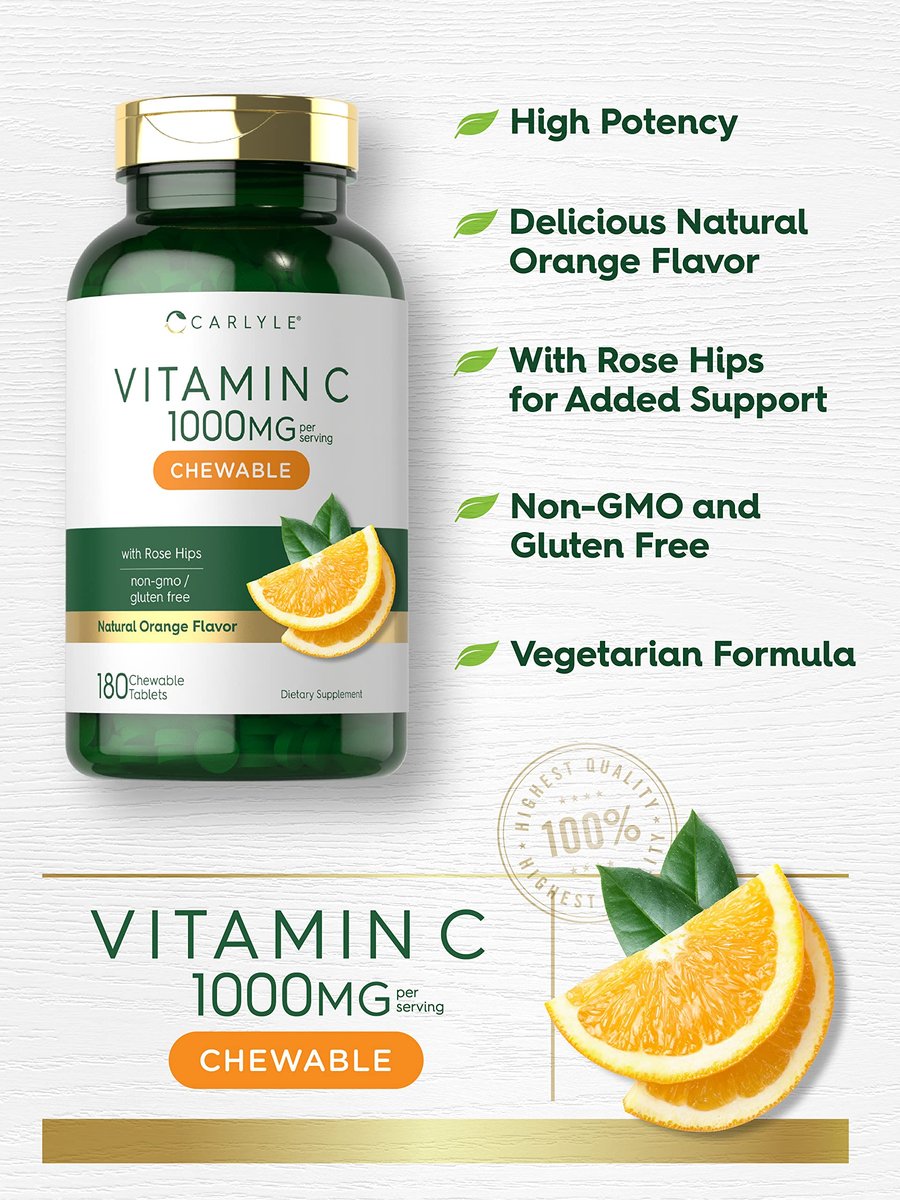 Carlyle Vitamin C Kautabletten | 1000 mg | 180 Tabletten | Vegetarisch, Nicht-GVO, Glutenfrei