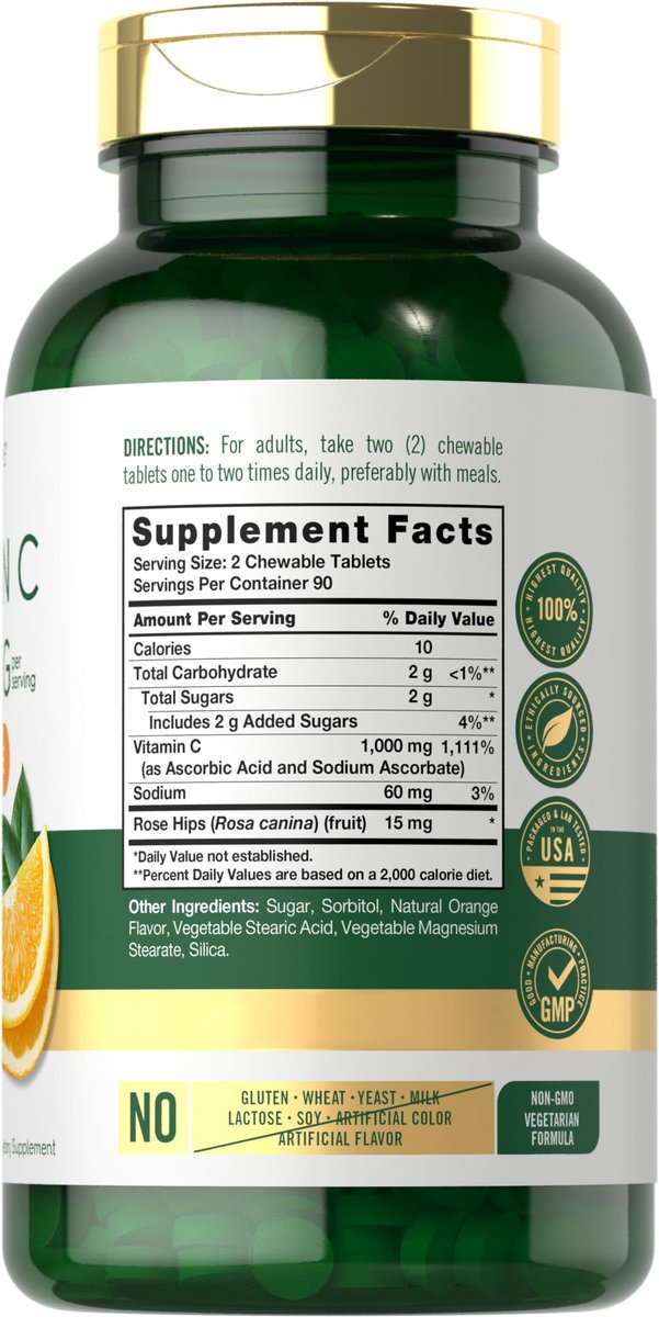 Carlyle Vitamin C Kautabletten | 1000 mg | 180 Tabletten | Vegetarisch, Nicht-GVO, Glutenfrei