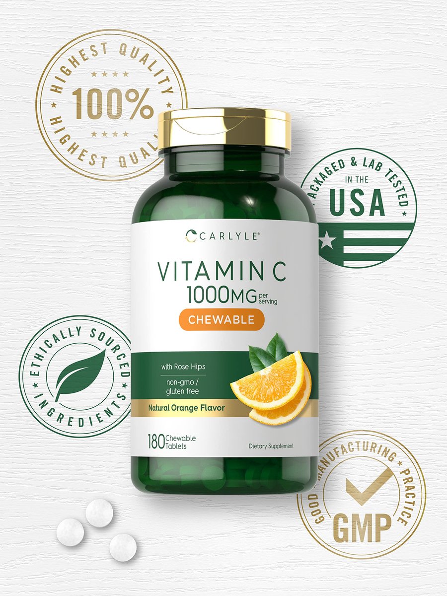 Carlyle Vitamin C Kautabletten | 1000 mg | 180 Tabletten | Vegetarisch, Nicht-GVO, Glutenfrei
