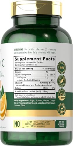 Carlyle Vitamin C Kautabletten | 1000 mg | 180 Tabletten | Vegetarisch, Nicht-GVO, Glutenfrei