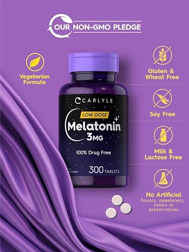 Carlyle Melatonin 3 mg Tabletten | 300 Stück | Niedrige Dosis &amp; ohne Arzneimittel | Vegetarisch, Nicht-GVO, Glutenfrei