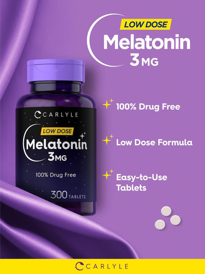 Carlyle Melatonin 3 mg Tabletten | 300 Stück | Niedrige Dosis &amp; ohne Arzneimittel | Vegetarisch, Nicht-GVO, Glutenfrei