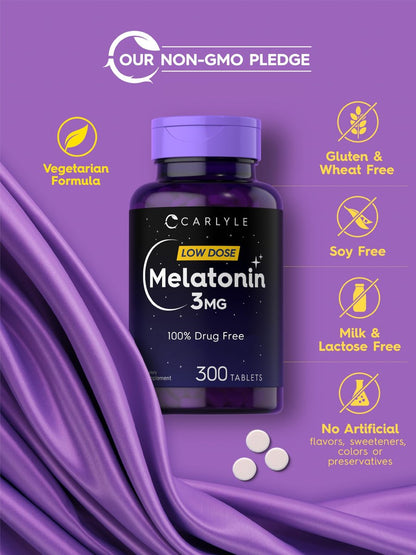 Carlyle Melatonin 3 mg Tabletten | 300 Stück | Niedrige Dosis &amp; ohne Arzneimittel | Vegetarisch, Nicht-GVO, Glutenfrei