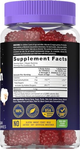 Carlyle Melatonin Gummis für Kinder | 1 mg, 70 Stück | Fruchtgeschmack | Vegan, Nicht-GVO, Glutenfrei