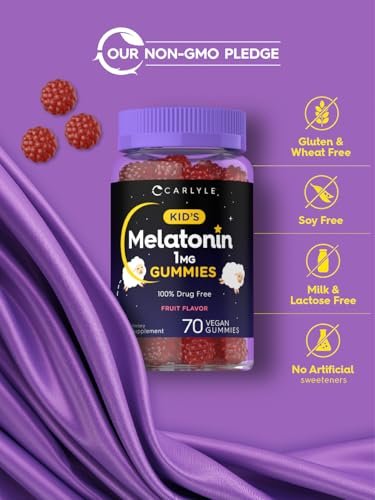 Carlyle Melatonin Gummis für Kinder | 1 mg, 70 Stück | Fruchtgeschmack | Vegan, Nicht-GVO, Glutenfrei