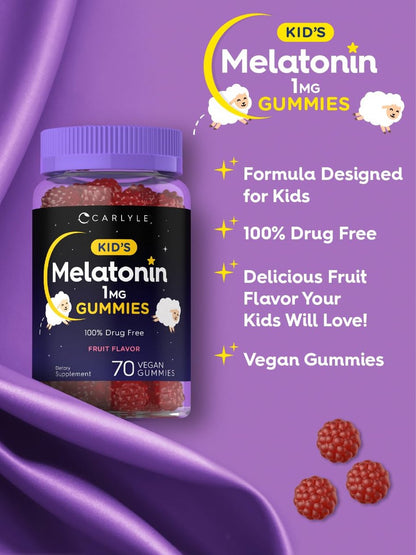 Carlyle Melatonin Gummis für Kinder | 1 mg, 70 Stück | Fruchtgeschmack | Vegan, Nicht-GVO, Glutenfrei