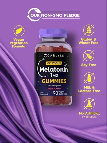 Carlyle Melatonin 1mg Gummis – 90 Stück | Fruchtgeschmack | Vegan, Nicht-GVO, Glutenfrei
