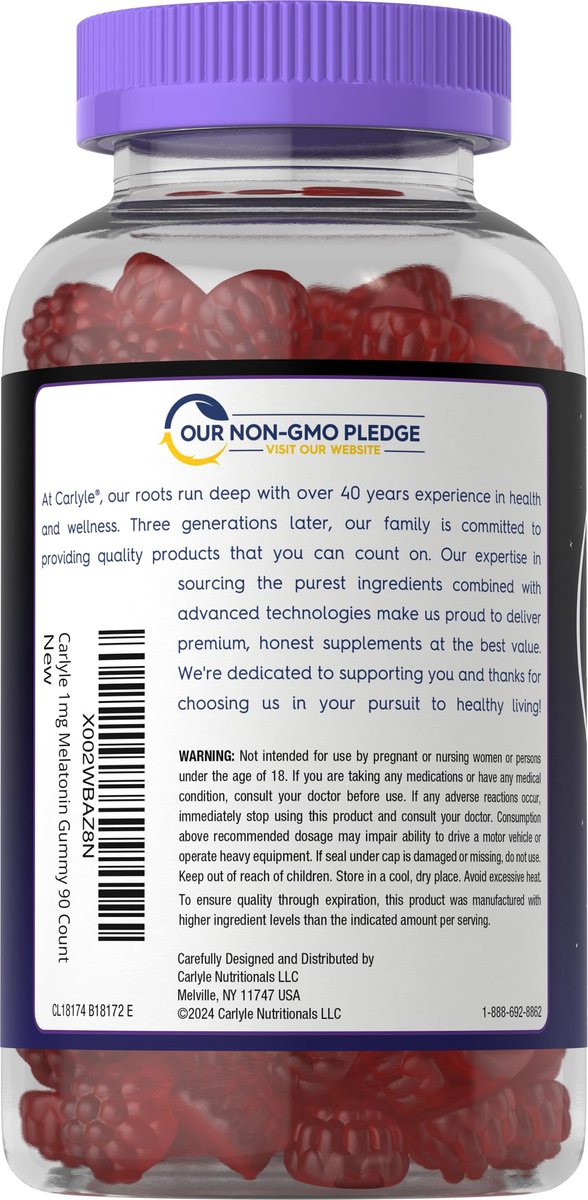 Carlyle Melatonin 1mg Gummis – 90 Stück | Fruchtgeschmack | Vegan, Nicht-GVO, Glutenfrei