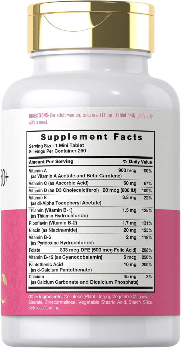 Carlyle Multivitamin für Frauen ab 50 – 250 Mini-Tabletten – mit B-Vitaminen, D3, Calcium und Folsäure – Eisenfrei – Non-GMO, Glutenfrei