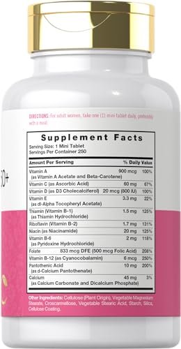 Carlyle Multivitamin für Frauen ab 50 – 250 Mini-Tabletten – mit B-Vitaminen, D3, Calcium und Folsäure – Eisenfrei – Non-GMO, Glutenfrei