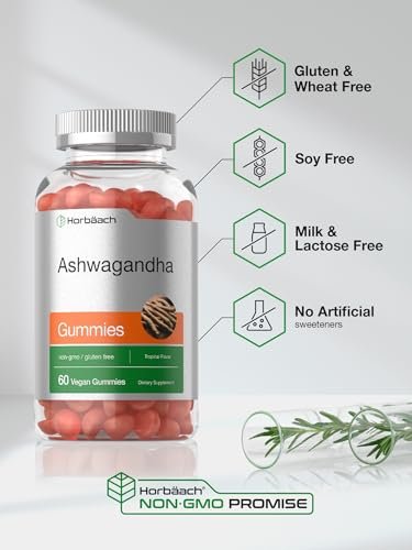 Horbäach Ashwagandha Gummis | 60 vegane, kaubare Gummis | Tropischer Geschmack | Nahrungsergänzung für Männer und Frauen | Wurzelextrakt aus der Ashwagandha-Pflanze | Vegan, Nicht-GVO, Glutenfrei
