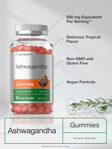 Horbäach Ashwagandha Gummis | 60 vegane, kaubare Gummis | Tropischer Geschmack | Nahrungsergänzung für Männer und Frauen | Wurzelextrakt aus der Ashwagandha-Pflanze | Vegan, Nicht-GVO, Glutenfrei