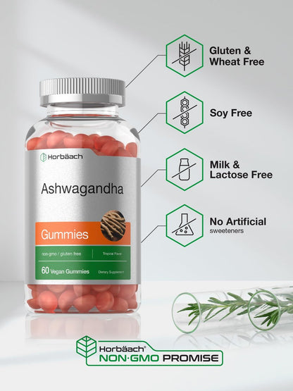 Horbäach Ashwagandha Gummis | 60 vegane, kaubare Gummis | Tropischer Geschmack | Nahrungsergänzung für Männer und Frauen | Wurzelextrakt aus der Ashwagandha-Pflanze | Vegan, Nicht-GVO, Glutenfrei