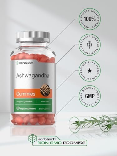 Horbäach Ashwagandha Gummis | 60 vegane, kaubare Gummis | Tropischer Geschmack | Nahrungsergänzung für Männer und Frauen | Wurzelextrakt aus der Ashwagandha-Pflanze | Vegan, Nicht-GVO, Glutenfrei