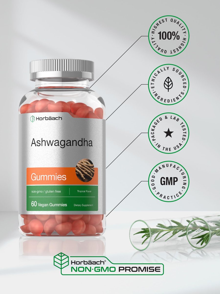 Horbäach Ashwagandha Gummis | 60 vegane, kaubare Gummis | Tropischer Geschmack | Nahrungsergänzung für Männer und Frauen | Wurzelextrakt aus der Ashwagandha-Pflanze | Vegan, Nicht-GVO, Glutenfrei
