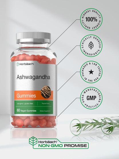 Horbäach Ashwagandha Gummis | 60 vegane, kaubare Gummis | Tropischer Geschmack | Nahrungsergänzung für Männer und Frauen | Wurzelextrakt aus der Ashwagandha-Pflanze | Vegan, Nicht-GVO, Glutenfrei