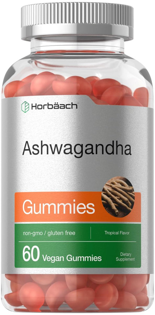 Horbäach Ashwagandha Gummis | 60 vegane, kaubare Gummis | Tropischer Geschmack | Nahrungsergänzung für Männer und Frauen | Wurzelextrakt aus der Ashwagandha-Pflanze | Vegan, Nicht-GVO, Glutenfrei