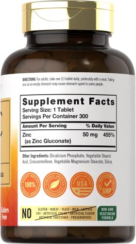 Carlyle Zink 50mg | 300 Tabletten | Vegetarisch, Non-GMO & Glutenfrei | Zinkgluconat | Hochdosiert