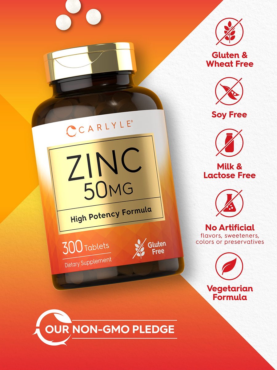 Carlyle Zink 50mg | 300 Tabletten | Vegetarisch, Non-GMO & Glutenfrei | Zinkgluconat | Hochdosiert